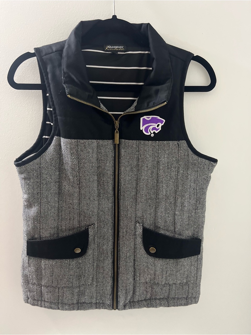 Striped Lined Herringbone Zip Vest with KSU K-State Patch - Black & Gray